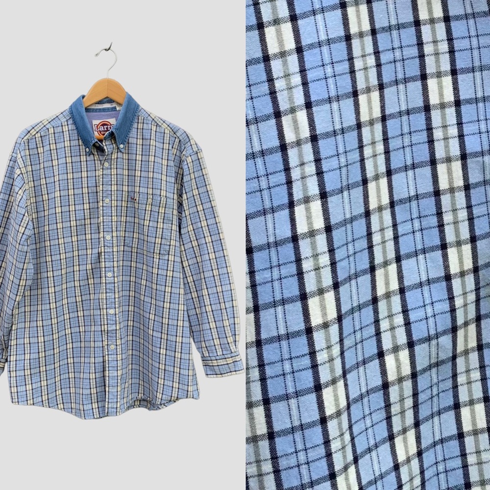 LARRO Men's Blue Plaid Medium‎ Weight Cotton Button Up Long Sleeve Shirt Sz L